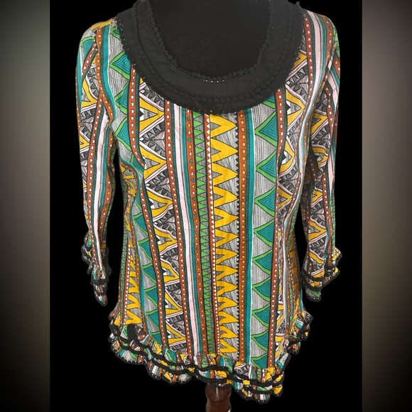 Almatrichi Multicolor Abstract design Long sleeves tunic top with ruffles NWT - Picture 5 of 14